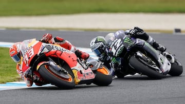 Marc Marquez of Spain of Repsol Honda Team leads Maverick Vinales of Spain of Yamaha Factory Racing in action in the Moto GP race on Day Three of the 2019 Australian Motorcycle Grand Prix on Phillip Island in Victoria, Australia, October 27, 2019. AAP Image/Michael Dodge /via REUTERS ATTENTION EDITORS - THIS IMAGE WAS PROVIDED BY A THIRD PARTY. NO RESALES. NO ARCHIVE. AUSTRALIA OUT. NEW ZEALAND OUT. NO COMMERCIAL OR EDITORIAL SALES IN NEW ZEALAND. NO COMMERCIAL OR EDITORIAL SALES IN AUSTRALIA.
