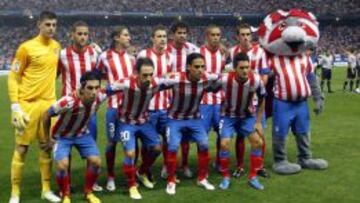 Este es el once que el Atlético presentará en la final de Copa. Arriba, de izquierda a derecha: Courtois, Mario Suárez, Filipe Luis, Gabi, Diego Costa, Miranda, Godín, Arda Turan, Juanfran, Falcao y Koke.