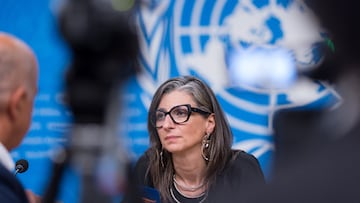 United Nations Special Rapporteur on the situation of human rights in the occupied Palestinian territory, Francesca Albanese, attends a press conference at the European headquarters of the UN in Geneva, Switzerland, September 15, 2025. REUTERS/Pierre Albouy