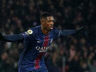 Soccer Football - Ligue 1 - Paris St Germain v Lille - Parc des Princes, Paris, France - January 16, 2026 Paris St Germain's Ousmane Dembele celebrates scoring their first goal REUTERS/Gonzalo Fuentes