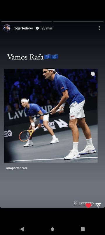 Story publicada por Roger Federer en su cuenta de Instagram en la que celebraba la presencia de Rafa Nadal en la Laver Cup de Berlín 2024.