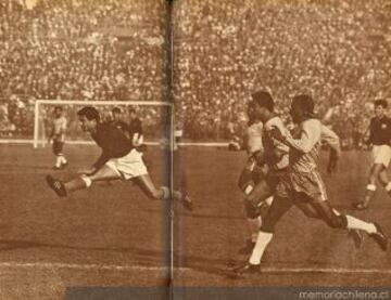 Armando Tobar dispara durante el partido de la Roja ante Brasil, duelo válido por las semifinales del Mundial de 1962. Fue el primer enfrentamiento entre ambos en Copas del Mundo.