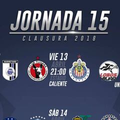 Fechas y horarios de la jornada 15 del Clausura 2018 de la Liga MX