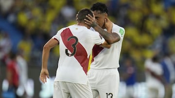 Peru&#039;s Edison Flores (3) celebrates with his teammate Renato Tapia after scoring his side&#039;s opening goal against Colombia during a qualifying soccer match for the FIFA World Cup Qatar 2022 at Roberto Melendez stadium in Barranquilla, Colombia, F