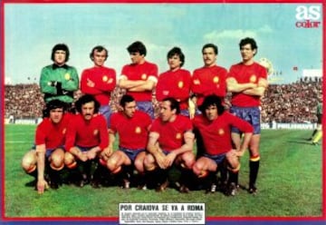 Equipación de la Selección Española durante 1979 a 1981. Fotografía correspondiente a un España-Rumanía en Cracovia en 1979.