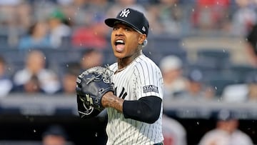 NEW YORK, NEW YORK - JUNE 22: Marcus Stroman #0 of the New York Yankees reacts after the final out of the top of the fourth inning during the game against the Atlanta Braves at Yankee Stadium on June 22, 2024 in New York City.   Christopher Pasatieri/Getty Images/AFP (Photo by Christopher Pasatieri / GETTY IMAGES NORTH AMERICA / Getty Images via AFP)
