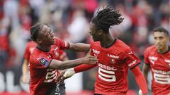 Rennes&#039; Eduardo Camavinga, right, celebrates with his teammate Brandon Soppy after scoring his side&#039;s second goal during the League One soccer match between Rennes and Montpellier, at the Roazhon Park stadium in Rennes, France, Saturday, Aug. 29