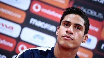 France's defender Raphael Varane looks on as he gives a press conference at the National Arena in Tirana, on November 16, 2019, on the eve of the UEFA Euro 2020 qualification football match between Albania and France. (Photo by FRANCK FIFE / AFP)