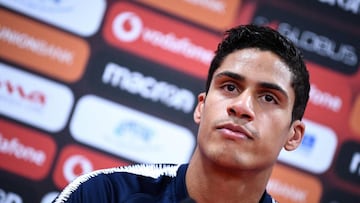 France&#039;s defender Raphael Varane looks on as he gives a press conference at the National Arena in Tirana, on November 16, 2019, on the eve of the UEFA Euro 2020 qualification football match between Albania and France. (Photo by FRANCK FIFE / AFP)