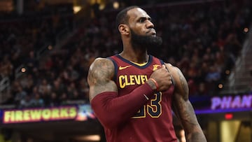 Jan 28, 2018; Cleveland, OH, USA; Cleveland Cavaliers forward LeBron James (23) reacts after a basket during the second half against the Detroit Pistons at Quicken Loans Arena. Mandatory Credit: Ken Blaze-USA TODAY Sports