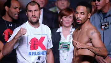 Sergey Kovalev y Andre Ward tras el pesaje de su primer combate.