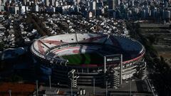 Aerial view of El Monumental stadium in Buenos Aires, taken on June 5, 2023. With a capacity of 83,000 people, El Monumental is one of the largest stadiums in the Americas and the world. Home of Club Atletico River Plate, which plays in the first division of Argentine professional football. (Photo by LUIS ROBAYO / AFP)