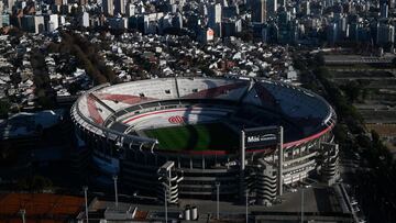 Aerial view of El Monumental stadium in Buenos Aires, taken on June 5, 2023. With a capacity of 83,000 people, El Monumental is one of the largest stadiums in the Americas and the world. Home of Club Atletico River Plate, which plays in the first division of Argentine professional football. (Photo by LUIS ROBAYO / AFP)