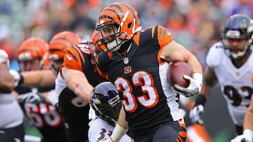 Jan 1, 2017; Cincinnati, OH, USA; Cincinnati Bengals running back Rex Burkhead (33) carries the ball for a touchdown after breaking a tackle against Baltimore Ravens strong safety Matt Elam (33) in the first half at Paul Brown Stadium. Mandatory Credit: Aaron Doster-USA TODAY Sports