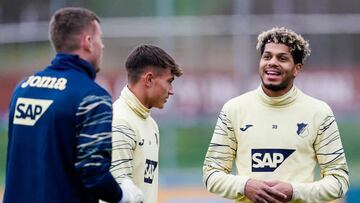 02 January 2023, Baden-Wuerttemberg, Zuzenhausen: Soccer: Bundesliga, training kick-off TSG 1899 Hoffenheim, training center Zuzenhausen. Hoffenheim's Georginio Rutter laughs. Photo: Uwe Anspach/dpa (Photo by Uwe Anspach/picture alliance via Getty Images)