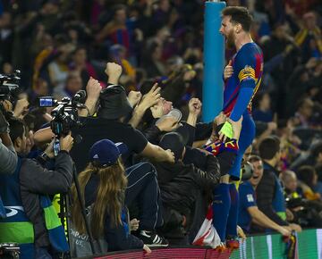 Leo Messi eufórico en un partido histórico de octavos de final de Champions League 2016-2017 entre FC Barcelona y el Parí­s Saint-Germain. Los azulgrana golearon 6-1 al equipo parisino, la mayor remontada de la historia de la Liga de Campeones (6-5 en la eliminatoria global).