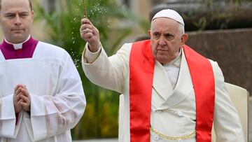 El papa Francisco bendice a los fieles con ramas de olivo y palma antes de la misa del Domingo de Ramos en la Plaza de San Pedro del Vaticano, el domingo 2 de abril de 2023, al día siguiente de ser dado de alta del Hospital Universitario Agostino Gemelli en Roma, donde fue atendido por una bronquitis. (AP Foto/Filippo Monteforte, pool)