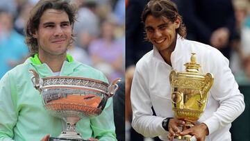 Rafa Nadal posa con los t&iacute;tulos de campe&oacute;n de Roland Garros y Wimbledon de 2010.