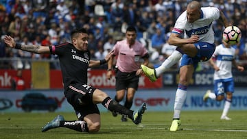 Fútbol, Universidad Catolica vs Colo Colo.
Campeonato de Transición 2017.
El jugador de Universidad Catolica Santiago Silva, derecha, disputa el balón contra Matias Zaldivia de Colo Colo durante el partido de primera division en el