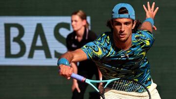 Italy's Lorenzo Musetti plays a backhand return to Italy's Jannik Sinner during the Monte-Carlo ATP Masters Series tournament quarter final tennis match in Monte Carlo on April 14, 2023. (Photo by Valery HACHE / AFP) (Photo by VALERY HACHE/AFP via Getty Images)