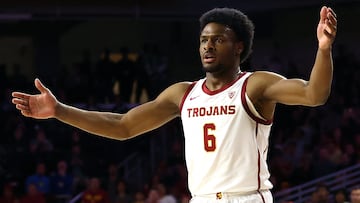 LOS ANGELES, CALIFORNIA - DECEMBER 10: Bronny James #6 of the USC Trojans reacts to a play during the first half against the Long Beach State 49ers at Galen Center on December 10, 2023 in Los Angeles, California.   Katelyn Mulcahy/Getty Images/AFP (Photo by Katelyn Mulcahy / GETTY IMAGES NORTH AMERICA / Getty Images via AFP)