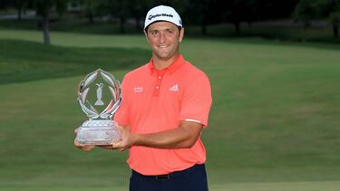 DUBLIN, OHIO - JULY 19: Jon Rahm of Spain celebrates with the trophy after winning during the final round of The Memorial Tournament on July 19, 2020 at Muirfield Village Golf Club in Dublin, Ohio. Sam Greenwood/Getty Images/AFP == FOR NEWSPAPERS, INTERN