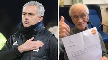 Imágenes de José Mourinho y de Fredrick Schofield, un incondicional del Manchester United de 94 años del Manchester United posando con la carta que le ha escrito en entrenador portugués