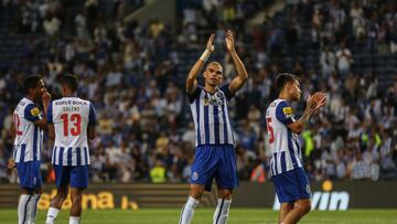 FC Porto's Portuguese defender Pepe (2R) and teammates celebrate their win at the end of the Portuguese League football match between FC Porto and Sporting CP at the Dragao stadium in Porto on August 20, 2022. (Photo by CARLOS COSTA / AFP)