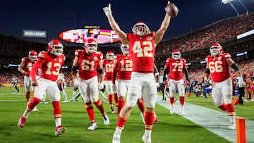 Aug 22, 2024; Kansas City, Missouri, USA; Kansas City Chiefs running back Carson Steele (42) celebrates with teammates after scoring a touchdown during the first half against the Chicago Bears at GEHA Field at Arrowhead Stadium. The touchdown would be called back. Mandatory Credit: Jay Biggerstaff-USA TODAY Sports TPX IMAGES OF THE DAY