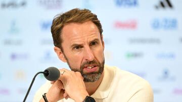 AL KHOR, QATAR - DECEMBER 10: Gareth Southgate, Head Coach of England, speaks to the media in the post match press conference after the team's defeat during the FIFA World Cup Qatar 2022 quarter final match between England and France at Al Bayt Stadium on December 10, 2022 in Al Khor, Qatar. (Photo by Shaun Botterill - FIFA/FIFA via Getty Images)