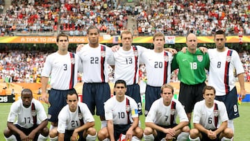 22 June 2006: United States starting eleven. Front row (l to r): DaMarcus Beasley (USA), Landon Donovan (USA), Claudio Reyna (USA), Eddie Lewis (USA), Steve Cherundolo (USA). Back row (l to r): Carlos Bocanegra (USA), Oguchi Onyewu (USA), Jimmy Conrad (USA), Brian McBride (USA), Kasey Keller (USA), Clint Dempsey (USA). Ghana defeated the United States 2-1 at the Frankenstadion in Nuremberg, Germany in match 42, a Group E first round game, of the 2006 FIFA World Cup. With the victory, Ghana advanced to the second round, while the United States was eliminated with the loss. (Photo by Wade Jackson/Icon SMI/Corbis/Icon Sportswire via Getty Images)