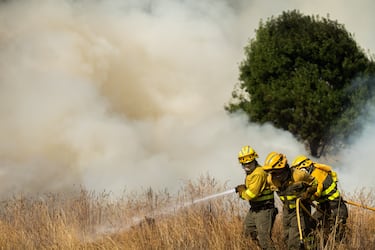 Bomberos trabajan para extinguir el incendio en Molezuelas de la Carballeda, Zamora (España).