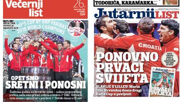Portadas de Vecernji list y Jutarnji List tras el triunfo de Croacia ante Francia en la final de la Copa Davis.