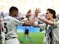 Juventus' Brazilian defender #03 Bremer celebrates with Juventus' Turkish forward #10 Kenan Yildiz after scoring his team's first goal during the Italian Serie A football match between Juventus and Genoa at the Allianz stadium in Turin, on April 6, 2026. (Photo by Marco BERTORELLO / AFP)