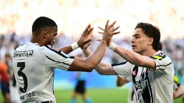 Juventus' Brazilian defender #03 Bremer celebrates with Juventus' Turkish forward #10 Kenan Yildiz after scoring his team's first goal during the Italian Serie A football match between Juventus and Genoa at the Allianz stadium in Turin, on April 6, 2026. (Photo by Marco BERTORELLO / AFP)
