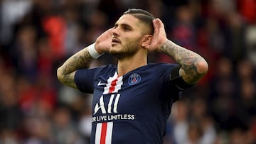 Paris Saint-Germain&#039;s Argentine forward Mauro Icardi celebrates after scoring a goal  during the French L1 football match between Paris Saint-Germain and Angers SCO at the Parc des Princes stadium in Paris on October 5, 2019. (Photo by Lucas BARIOULE