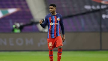 RIYADH, SAUDI ARABIA - JANUARY 12: Ansu Fati of FC Barcelona celebrates after scoring the team's second goal during the Super Copa de España semi-final match between Real Betis and FC Barcelona at King Fahd International Stadium on January 12, 2023 in Riyadh, Saudi Arabia. (Photo by Yasser Bakhsh/Getty Images)