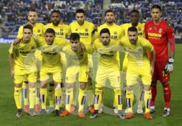 El once inicial de Villarreal. De pie: Soldado, Bakambu, Bruno, Musacchio, Bailly y Areola. Agachados: Denis Suárez, Jonathas Dos Santos, Trigueros, Costa y Gaspar.