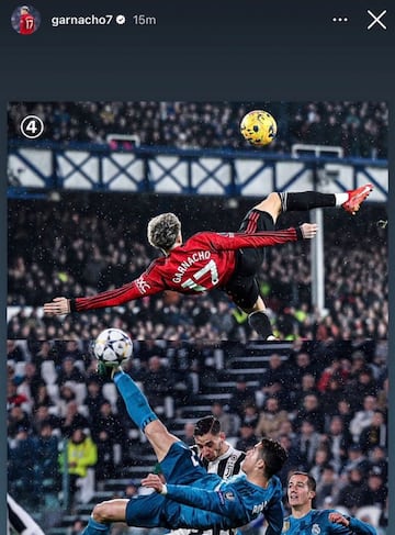 Alejandro Garnacho comparte una publicación en su cuenta de Instagram comparando su gol de chilena con el de Cristiano Ronaldo en el Real Madrid.