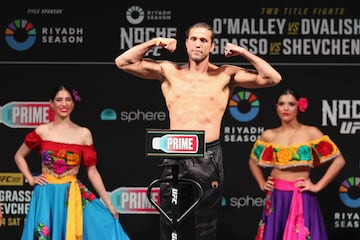 LAS VEGAS, NEVADA - SEPTEMBER 13: Brian Ortega poses during a ceremonial weigh-in at Sphere on September 13, 2024 in Las Vegas, Nevada. Ortega is scheduled to meet Diego Lopes in a featherweight bout at UFC 306 on September 14 at Sphere.   Christian Petersen/Getty Images/AFP (Photo by Christian Petersen / GETTY IMAGES NORTH AMERICA / Getty Images via AFP)