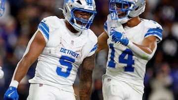 Sep 22, 2025; Baltimore, Maryland, USA; Detroit Lions running back David Montgomery (5) reacts after scoring a touchdown against the Baltimore Ravens during the second half at M&T Bank Stadium. Mandatory Credit: Peter Casey-Imagn Images