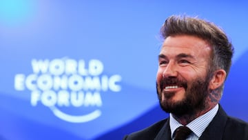 UNICEF Goodwill Ambassador and former English soccer player David Beckham reacts during the 55th annual World Economic Forum (WEF) meeting in Davos, Switzerland, January 21, 2025. REUTERS/Yves Herman
