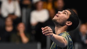 Spain's Carlos Alcaraz looks up during his men's singles tennis match against Britain's Jack Draper at the Swiss Indoor ATP 500 tennis tournament in Basel on October 24, 2022. (Photo by Fabrice COFFRINI / AFP) (Photo by FABRICE COFFRINI/AFP via Getty Images)