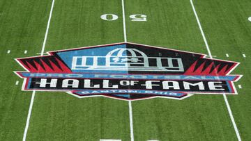 Aug 3, 2023; Canton, Ohio, USA; The Pro Football Hall of Fame logo at midfield of Tom Benson Hall of Fame Stadium. Mandatory Credit: Kirby Lee-USA TODAY Sports