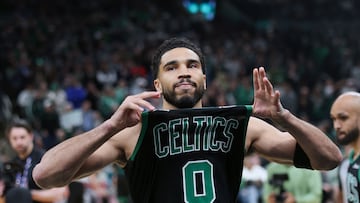 BOSTON, MASSACHUSETTS - APRIL 28: Jayson Tatum #0 of the Boston Celtics warms up in Game Five against the Philadelphia 76ers in the First Round of the NBA Eastern Conference Playoff at TD Garden on April 28, 2026 in Boston, Massachusetts. NOTE TO USER: User expressly acknowledges and agrees that, by downloading and or using this photograph, User is consenting to the terms and conditions of the Getty Images License Agreement. Maddie Meyer/Getty Images/AFP (Photo by Maddie Meyer / GETTY IMAGES NORTH AMERICA / Getty Images via AFP)