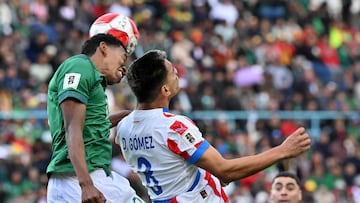 Bolivia's defender #03 Diego Medina and Paraguay's midfielder #08 Diego Gomez jump for a header during the 2026 FIFA World Cup South American qualifiers football match between Bolivia and Paraguay at the Municipal de El Alto stadium in El Alto, Bolivia, on November 19, 2024. (Photo by AIZAR RALDES / AFP)