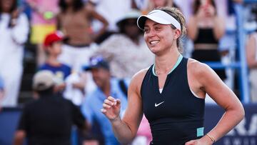 WASHINGTON, DC - AUGUST 04: Paula Badosa of Spain reacts after winning the women's singles finals match against Marie Bouzkova of Czechia on the final day of the Mubadala Citi DC Open 2024 at William H.G. FitzGerald Tennis Center on August 4, 2024 in Washington, DC. Scott Taetsch/Getty Images/AFP (Photo by Scott Taetsch / GETTY IMAGES NORTH AMERICA / Getty Images via AFP)