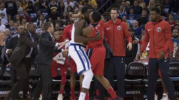 October 27, 2017; Oakland, CA, USA; Golden State Warriors forward Draymond Green (23) and Washington Wizards guard Bradley Beal (3) fight during the second quarter at Oracle Arena. Mandatory Credit: Kyle Terada-USA TODAY Sports