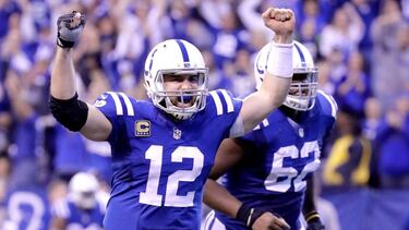 INDIANAPOLIS, IN - JANUARY 01: Andrew Luck #12 of the Indianapolis Colts celebrates after throwing the game winning touchdown durling the game against the Jacksonville Jaguars at Lucas Oil Stadium on January 1, 2017 in Indianapolis, Indiana. Andy Lyons/Getty Images/AFP
== FOR NEWSPAPERS, INTERNET, TELCOS & TELEVISION USE ONLY ==