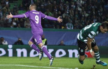 Benzema celebrates his winning goal against Sporting of Lisbon in the Champions League.